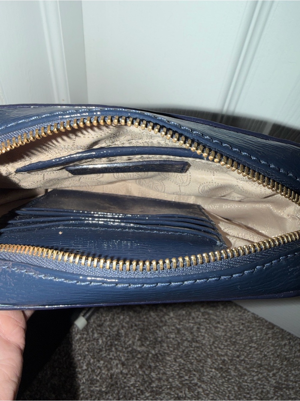 Michael Kors Navy Patent Wristlet Clutch with Gold Hardware